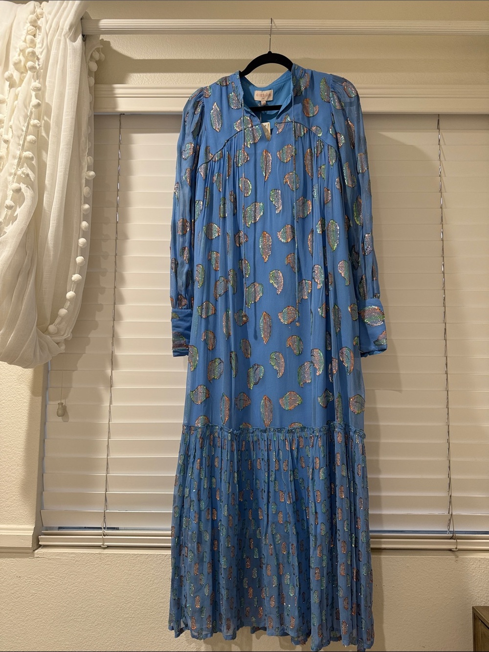 Blue Metallic Paisley Maxi Dress with Long Sleeves